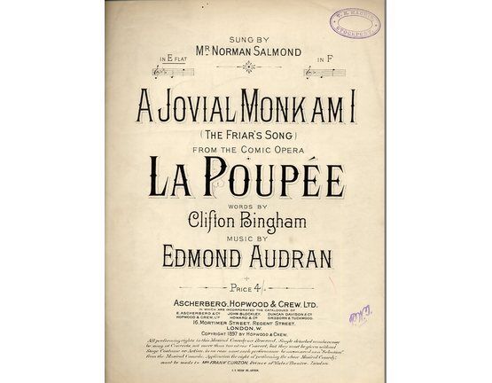 4654 | A Jovial Monk Am I - Song from the comic opera "La Poupee" - In the key of E flat major for low voice