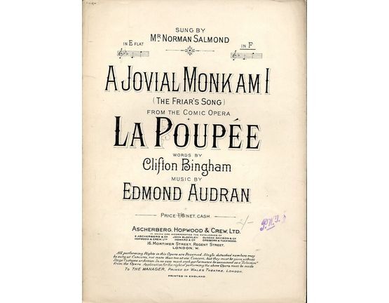 4654 | A Jovial Monk Am I - Song from the comic opera "La Poupee" - In the key of F major for high voice