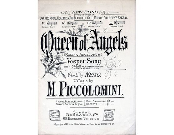 4654 | Queen of Angels  (Regina Angelorum) - Vesper Song in the key of C major for high voice