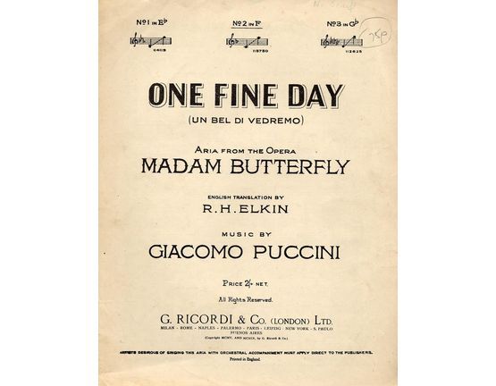 4699 | One Fine Day ( Un bel di Vedremo) from Madam Butterfly - English and Italian words - Key of F major for medium voice