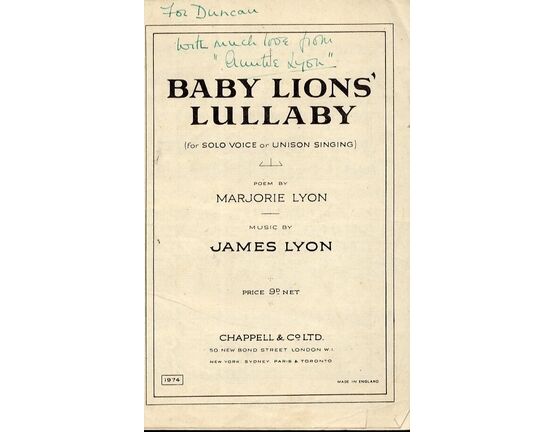 4710 | Baby Lions' Lullaby - For Solo Voice or Unison Singing with Piano Accompaniment