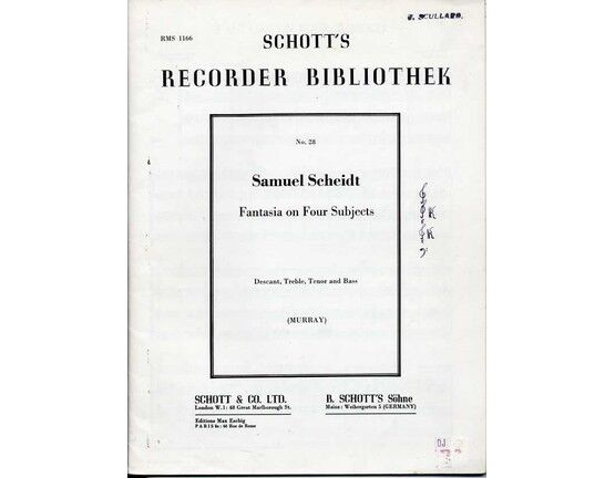 4864 | Fantasia on Four Subjects - For Descant, Treble, Tenor and Bass Recorder - No. 28 from Schott's Recorder Bibliothek