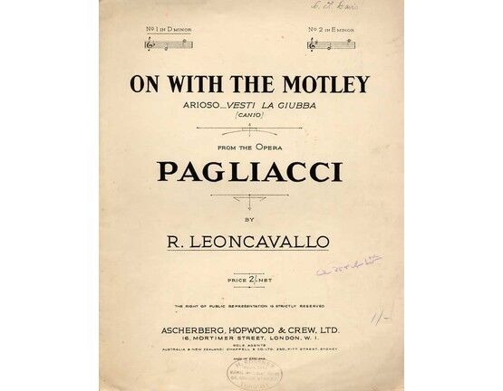 4895 | On With the Motley - Ario Vesti La Giubba (Canio) - from "Pagliacci"  - Key of D Minor for Low Voice