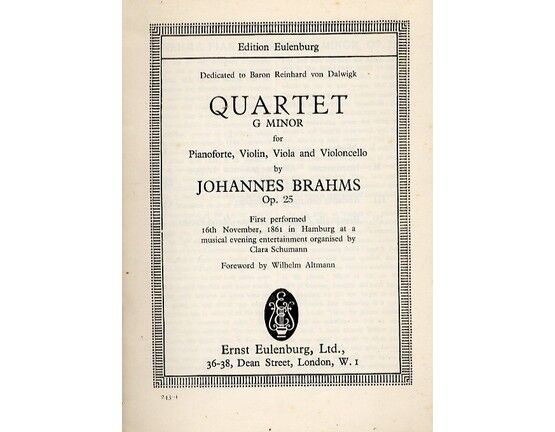 4982 | Quartet for Pianoforte, Violin, Viola and Violoncello in G Minor - Miniature Orchestra Score