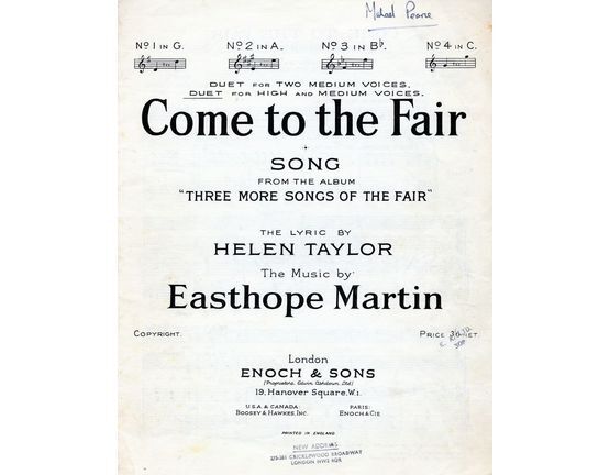 5181 | Come to the Fair from the Album "Three more songs of the fair" - Vocal Duet for High and Medium voices