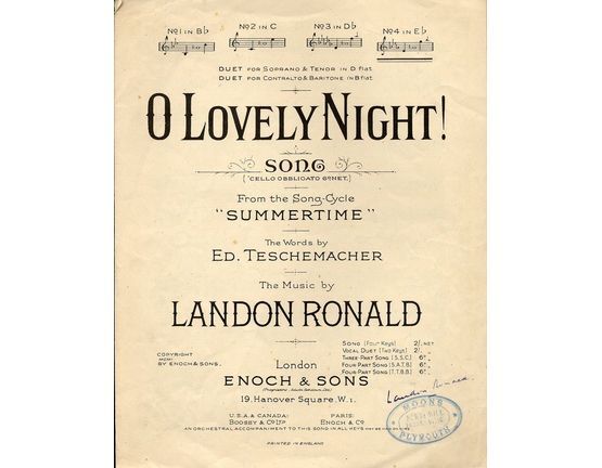 5181 | O Lovely Night  - Song from "Summertime" song cycle - In the key of E flat major for high voice
