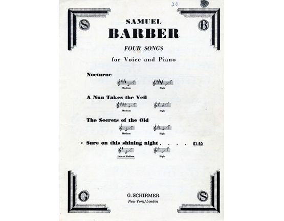 5273 | Barner  - Four Songs for Voice and Piano - No. 4  Sure on this Shining Night - For Low or Medium Voice