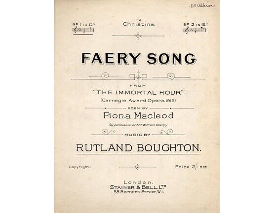 5275 | Faery Song -  from "The Immortal Hour" Carnegie Award Opera, 1916 - In the key of D flat major for Low Voice