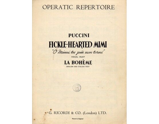 5409 | Fickle Hearted Mimi - Vocal duet for Tenor and Baritone - English and Italian Text