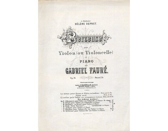 5487 | A Madame Helene Depret - Berceuse - Op. 16 - For violin and piano with seperate violin part