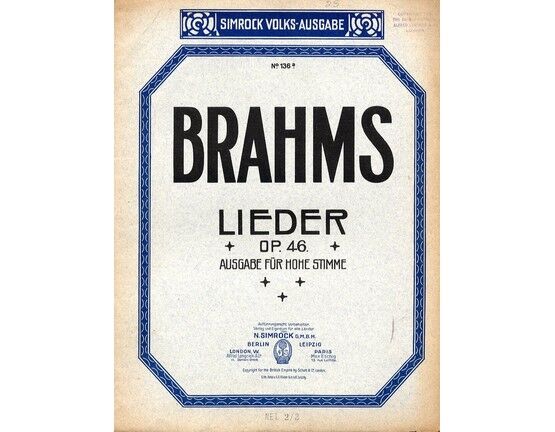 5493 | Brahms - Lieder fur Hohe Stimme (Songs for High Voice) - Op. 46 - Simrock Edition No. 136a - In German and English