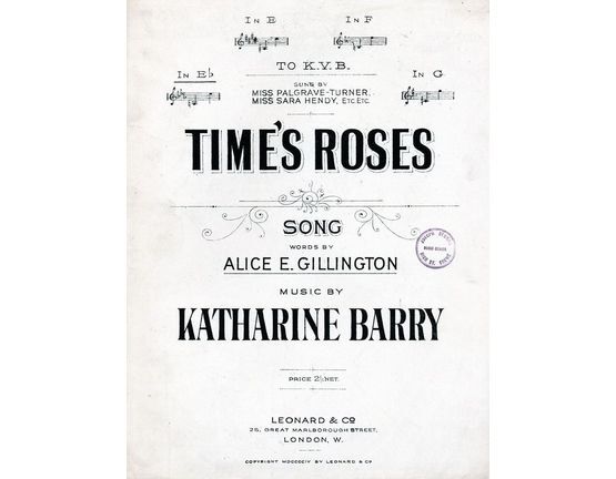 5528 | Times Roses - Song as sung by Miss Palgrave Turner & Miss Sara Hendy - In the key of E flat major for low voice
