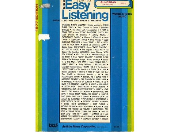 5576 | Big 3 Top 50 Easy Listening - Today's Big Hits and Great Standards - 1977 Edition - All Organ (Revised) with Words, Chords and Music