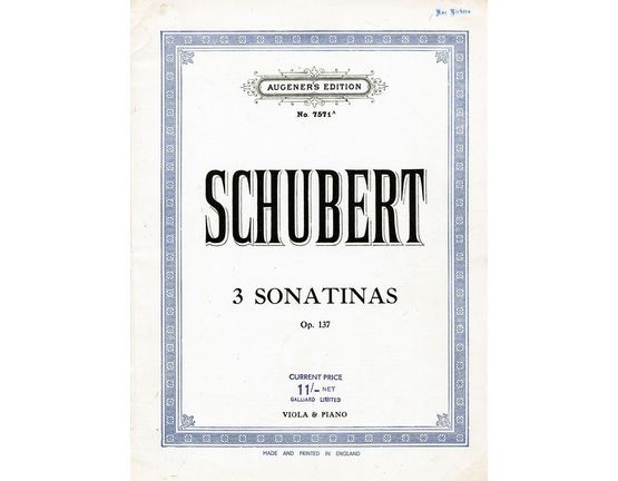 5614 | 3 Sonatinas -  Op. 137 - For Viola and Piano - Augeners Edition No. 7571a