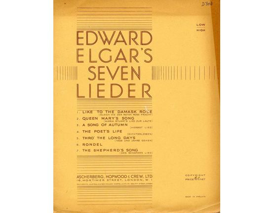 5708 | Edward Elgar's 7 Lieder -  For Low Voice