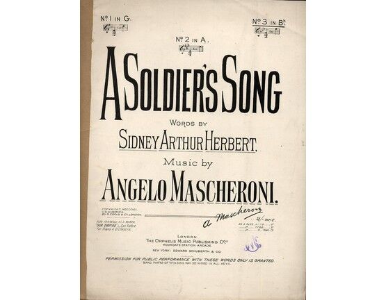 5944 | A Soldiers Song - Song - In the key of B flat  major for high voice