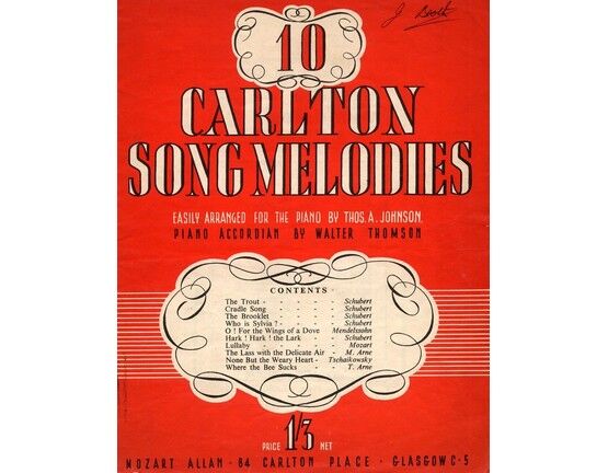 5973 | Ten Carlton Song Melodies. 10 pieces by Schubert, Mendelssohn, Mozart, Arne and Tchaikowsky
