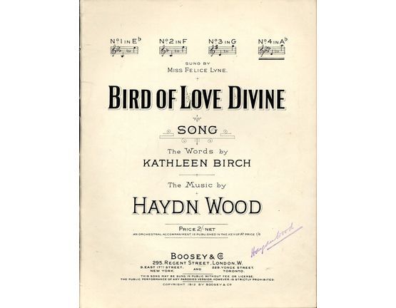6105 | Bird of Love Divine - Song - In the key of A flat major for low voice - As sung by Miss Felice Lyne