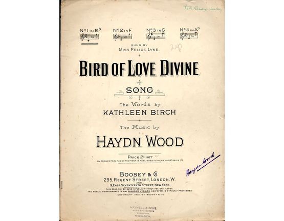 6105 | Bird of Love Divine - Song - In the key of E flat major for low voice - As sung by Miss Felice Lyne