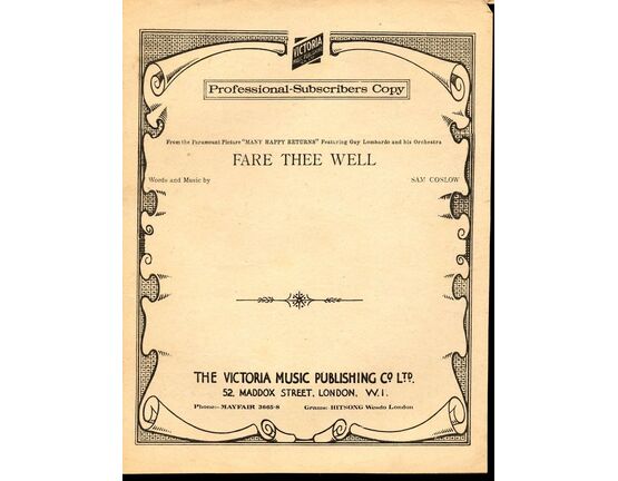 6188 | Fare Thee Well - From the Paramount picture 'Many Happy Returns' - Professional copy