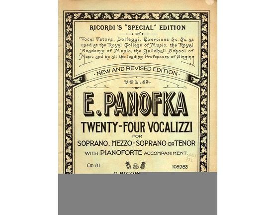 6375 | Panofka - Twenty-four Vozalizzi Vol. 29 - Soprano, Mezzo-soprano or Tenor with pianoforte accompaniment - Vocal Tutor