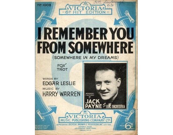 6542 | I remember you from somewhere (Somewhere in my Dreams) - Song featuring Jack Payne