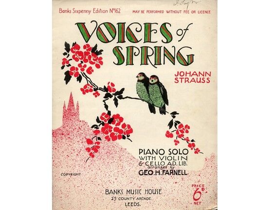 6702 | Voices of Spring - Waltz - Johann Strauss - Piano Solo with Violin and Cello ad. Lib. arranged by Geo H. Farnell