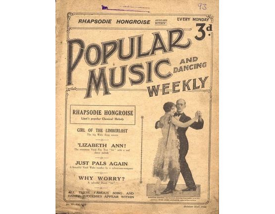 6855 | Popular Music and Dancing Weekly - October 31st, 1925 - No. 93, Vol. VIII - Featuring Santos Casani and his Dance partner Miss Jose Lennard