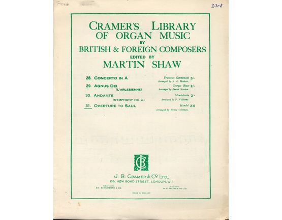 6895 | Overture to Saul - Cramer's Library of Organ Music by British and Foreign Composers - Series No. 31
