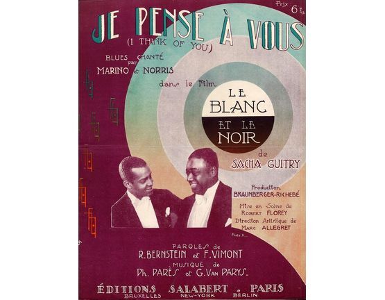6944 | Je Pense a Vous (I Think of You) - Blues Chante par Marino et Norris du film "Le Blanc et le noir" - For Piano and Voice with Ukulele chord symbols -