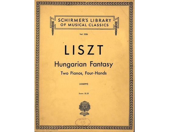 6953 | Hungarian Fantasy - For  Two Pianos, Four Hands - Schirmers Library of Musical Classics Vol. 1056