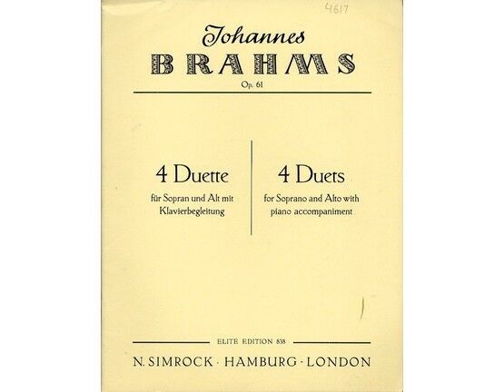 7007 | Brahms - 4 Duets for Soprano and Alto with Piano Accompaniment - Op. 61 - In German and English - Elite Edition No. 838