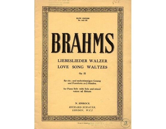 7007 | Brahms - Love Songs Waltzes (Lieberslieder Walzer) - For Piano Solo with Solo and Mixed Voices ad. lib. - In German and English - Op. 52 - Elite Editi