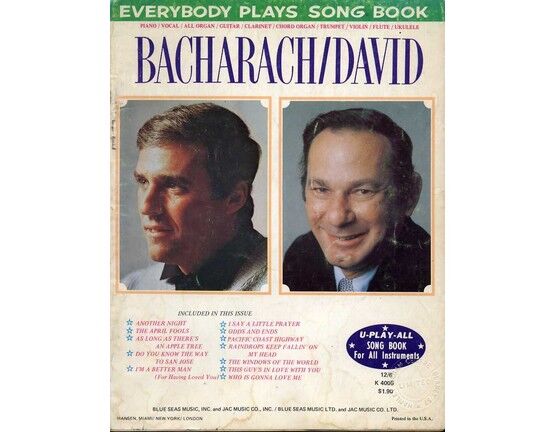 7128 | Bacharach / David - Everybody Plays Song Book - For Voice, Piano, Organ, Guitar, Clarinet, Trumpet, Violin, Flute, Ukulele - Featuring Burt Bacharach