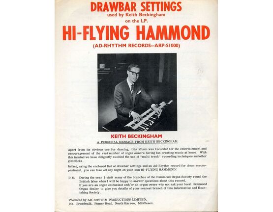 7442 | Drawbar Settings used by Keith Beckingham on the LP. ''Hi-Flying Hammond'' (Ad-Rhythm Records ARP S1000)