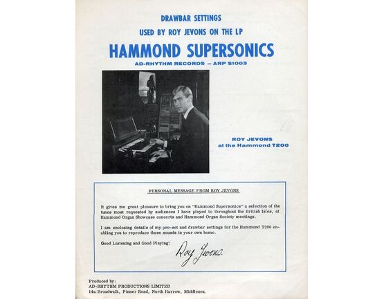 7442 | Drawbar Settings Used By Roy Jevons on The LP ''Hammond Supersonics'' - Recorded on Ad-Rhythm Records ARP S1003