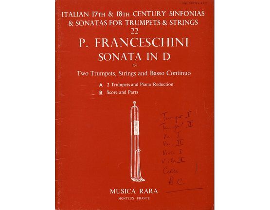 7461 | Franceschini - Sonata in D Major - For 2 Trumpets, Strings & Basso Continuo - Musica Rara Series of Italian 17th & 18th Century Sinfonias & Sonatas fo