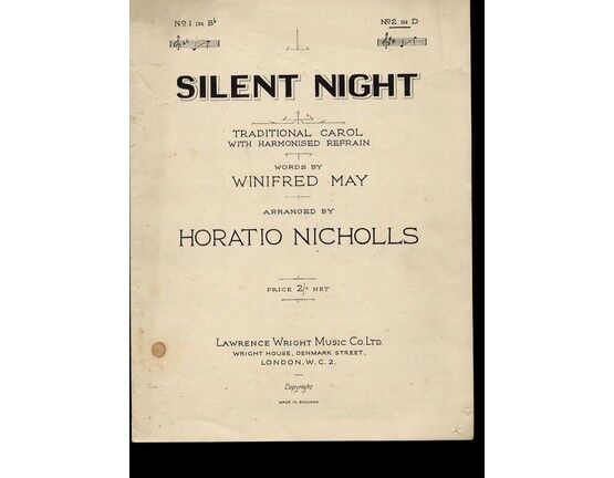 7767 | Silent Night - Traditional Carol with harmonised refrain - Key of D major major for Higher voice