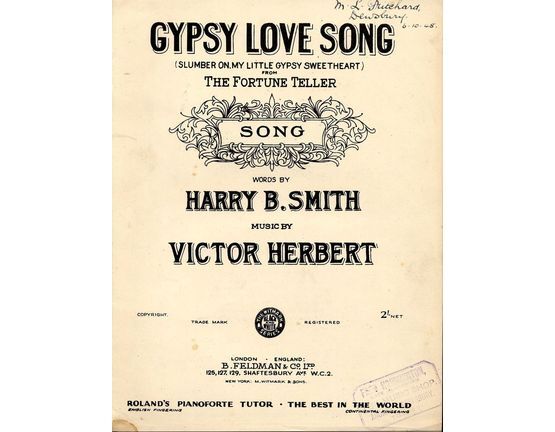 7791 | Gypsy Love Song - (Slumber on my little gypsy sweethead) -  from "The Fortune Teller" - Key of E flat major for high voice