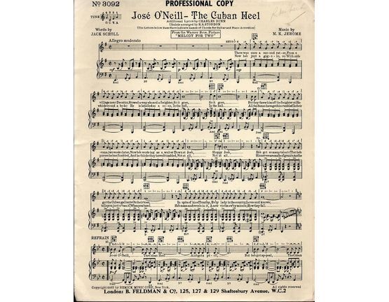 7791 | Jose O'Neill - The Cuban Heel - For Piano and Voice with Ukulele chord symbols - Feldman edition No. 3092