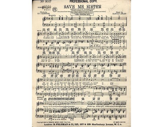7791 | Save me Sister - From the First National Production "The Singing Kid" - For Piano and Voice and Ukulele - Feldman edition No. 3017 - Professional Copy
