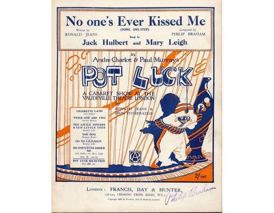 7807 | No one's Ever Kissed Me (song one-step) - Sung by Jack Hulbert and Mary leigh in Andre Charlot and Paul Murray's Cabaret Show "Pot Luck" at the Vaudeville Theatre, London - For Voice and Piano