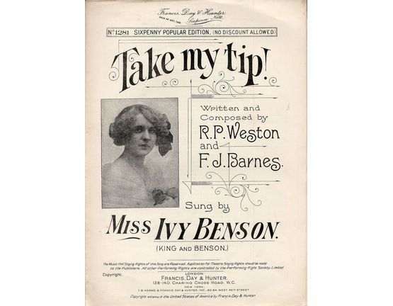 7807 | Take my Tip! - As sung by Miss Ivy Benson (King and Benson) - Francis, Day and Hunter Sixpenny Popular Edition No. 1281