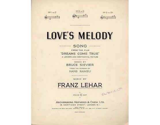 7809 | Love's Melody - Song - From the Film "Dreams come True"  - Key of D major for Medium Voice
