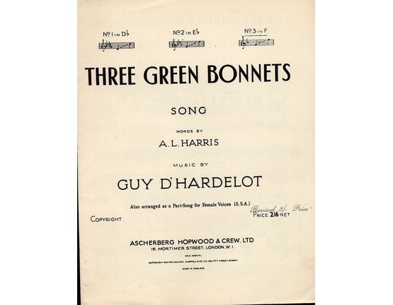 7809 | Three Green Bonnets - Song - In the key of F major for high voice