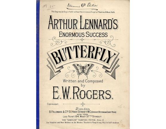 7810 | Butterfly - Arthur Lennard's Enormous Success - For Piano Solo - Feldmans 6d Edition No. 25