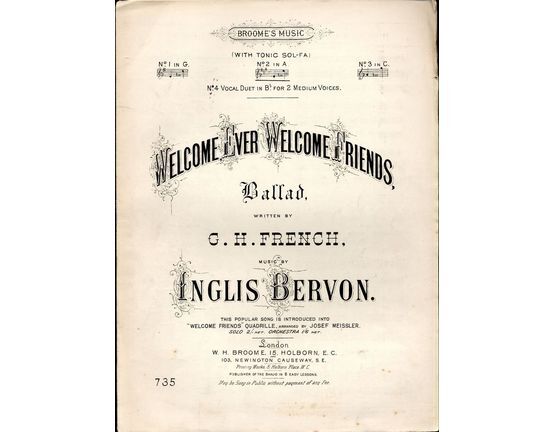 7825 | Welcome ever welcome friends - Ballad with Tonic Sol Fa - In the key of A Major for medium voice