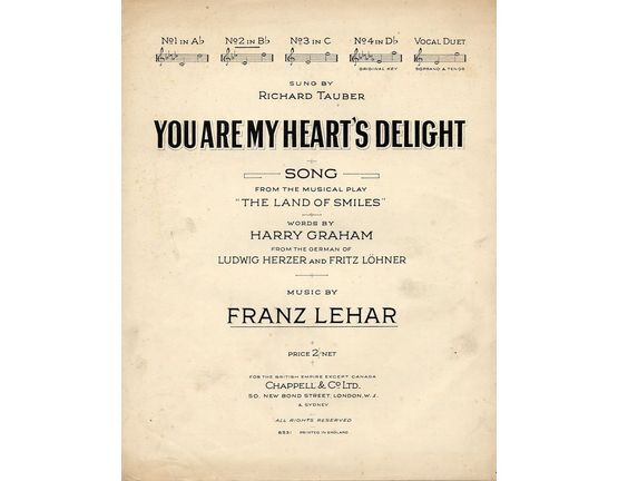 7857 | You Are My Heart's Delight - Song from the Musical Play "The Land of Smiles" - No. 2 in key of B flat - As sung by Richard Tauber