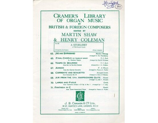 7862 | A Quodlibet Of Old French Carols - Cramer's Library of Organ Music by British & Foreign Composers - No. 64 -  Edited by Martin Shaw and Henry Coleman