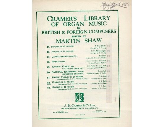 7862 | Bach - Cramer's Library of Organ Music by British & Foreign Composers - No. 52 - Fugue in D Minor - Contrapunctus No. 1 from "The Art of Fugue" - Edited by Martin Shaw